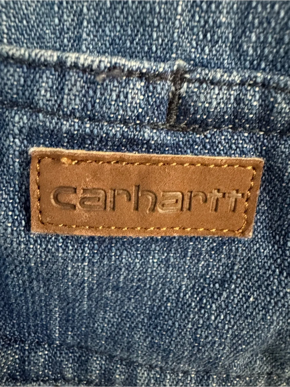 Carhartt Denim Shirt- Shacket with Brown Leather Logo Patch - Blue